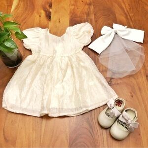 Girl Cream Dress Shoes Bow & Veil Hair Accessories Set for Baby Girl Toddler.